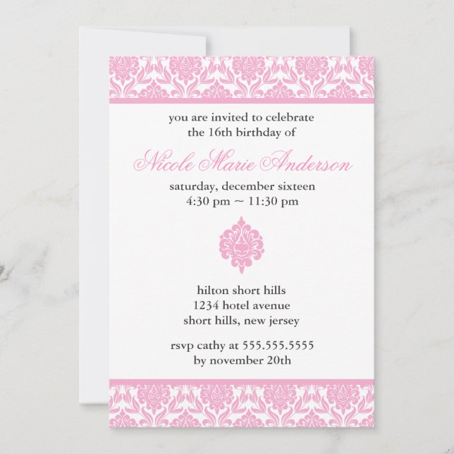 Invitations de Sweet sixteen de Damas roses (Devant)
