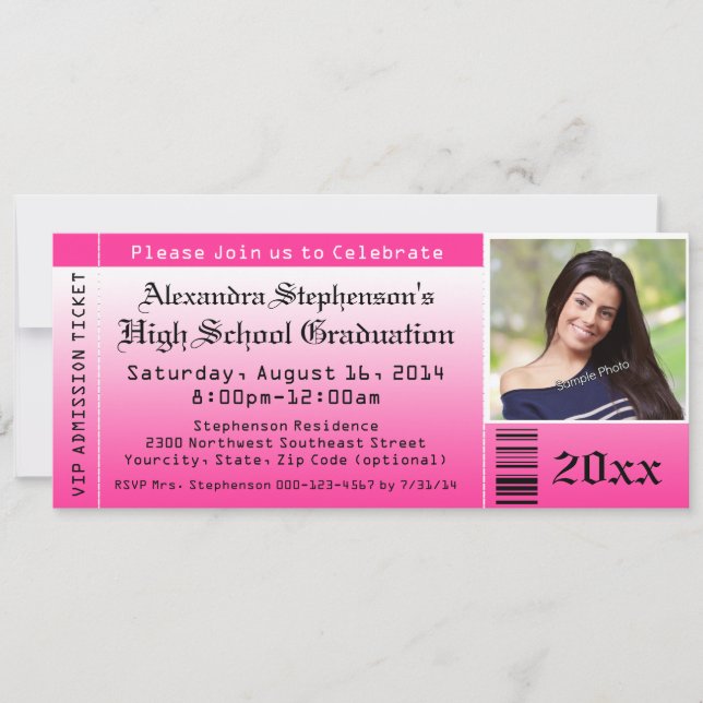 Invitations de tickets pour la finition photo rose (Devant)