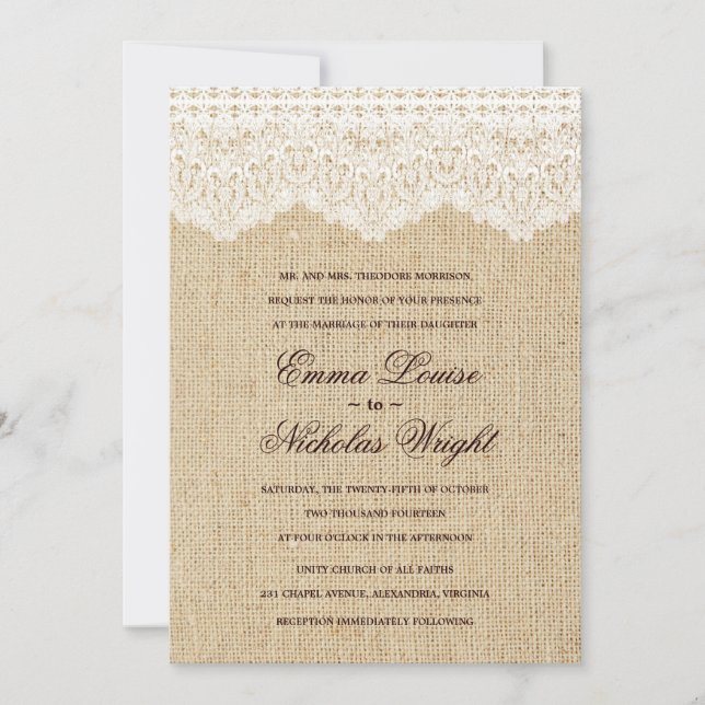 Invitations de toile de jute et de mariage de (Devant)