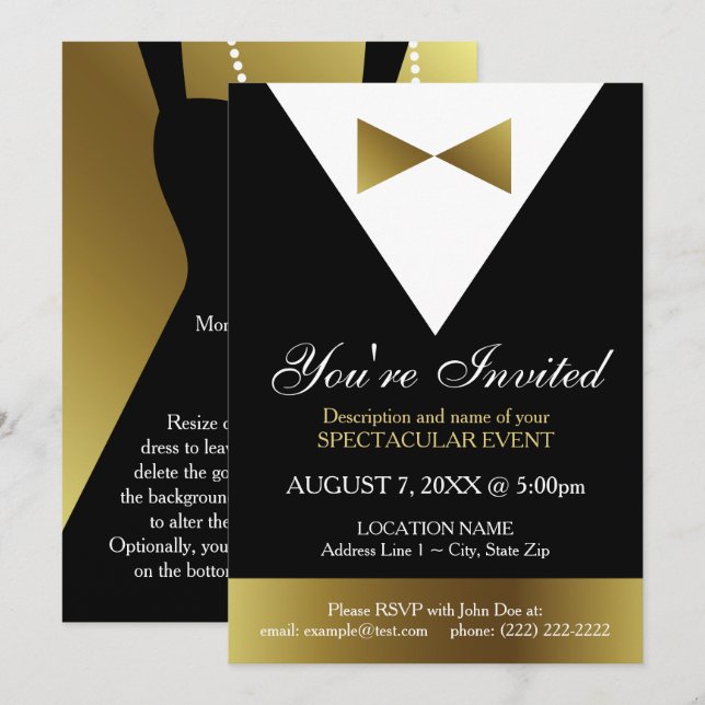 Invitations de Tuxedo Black et Gold| Parti élégant (Devant / Derrière)