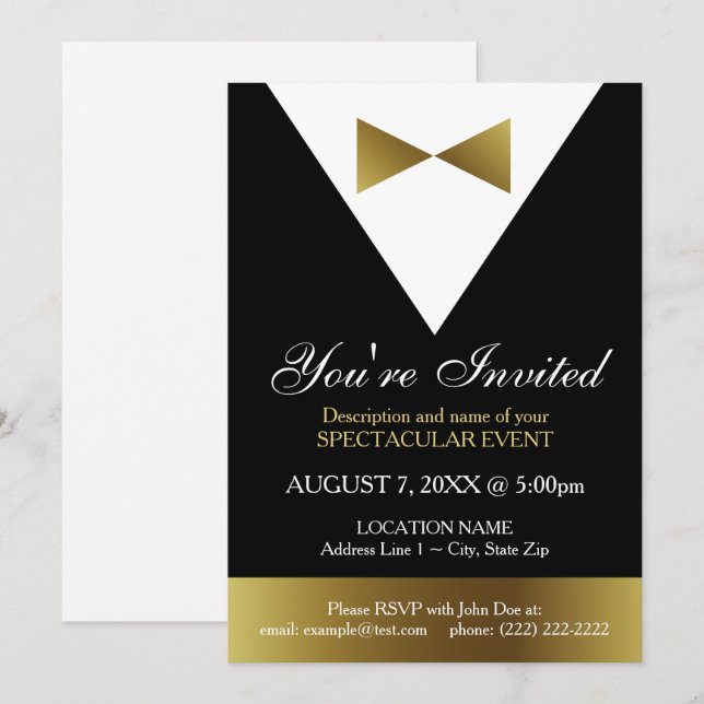 Invitations de Tuxedo Black et Gold| Parti officie (Devant / Derrière)