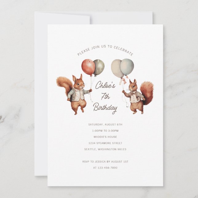 Invitations d'écureuil d'anniversaire (Devant)