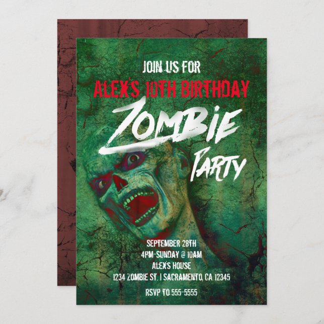 Invitations d'Halloween du Parti Zombie Vert (Devant / Derrière)