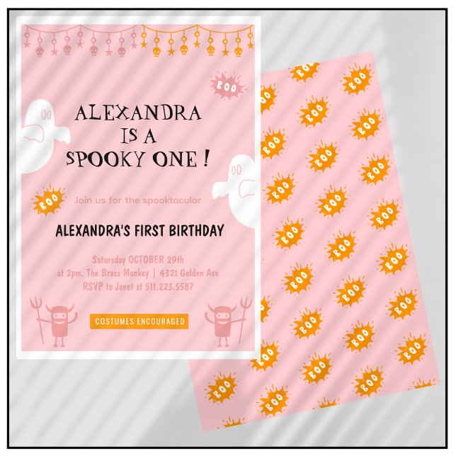 Invitations d'Halloween Spooktacular 1er anniversa (Halloween-1st-birthday-invitations-Spooktacular-pink-1)