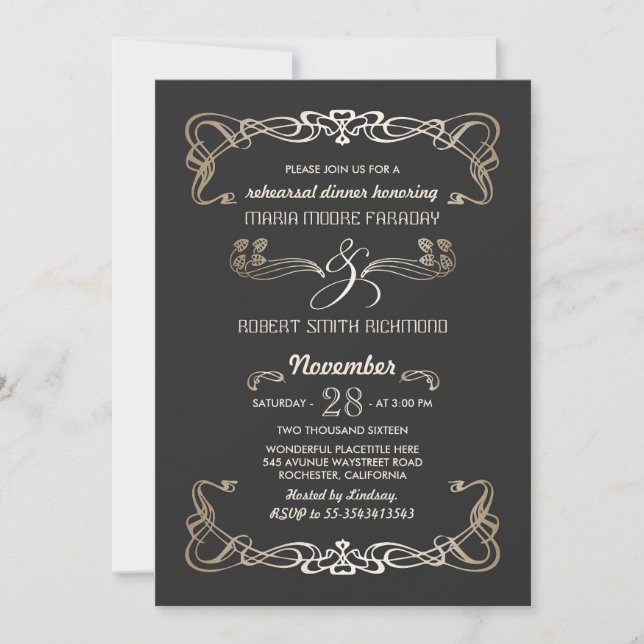 Invitations Dîner De Répétition Art Déco Gold (Devant)