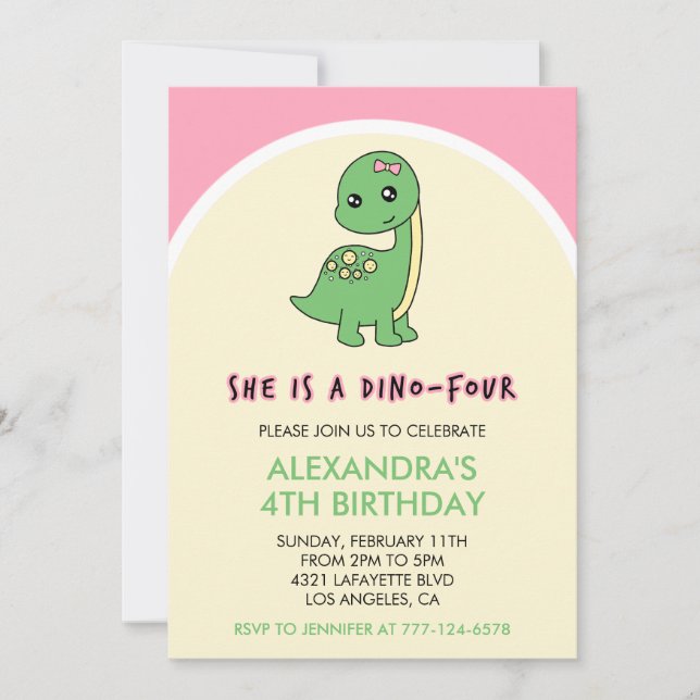 invitations dinosaures fille 4e anniversaire rose  (Devant)