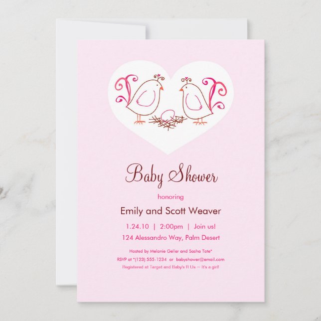 Invitations d'oiseaux amateurs roses et de douches (Devant)
