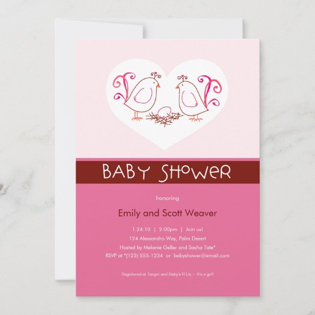 Invitations d'oiseaux amateurs roses et de douches (Devant)