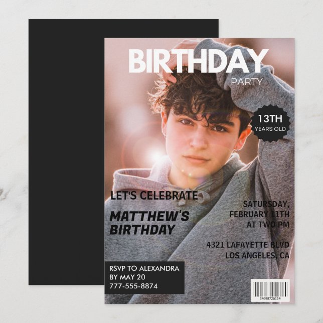 Invitations du 13e anniversaire pour lui Magazine  (Devant / Derrière)