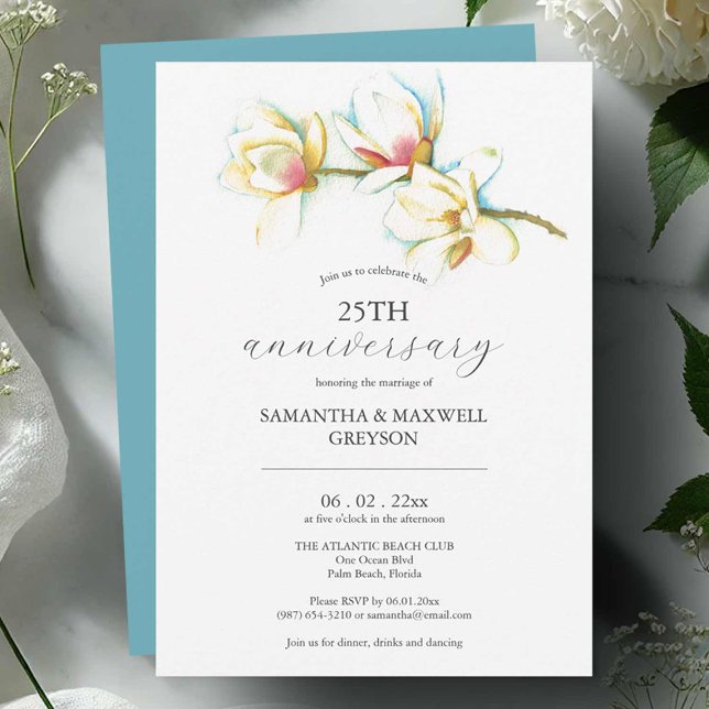 Invitations du 25e anniversaire du Mariage Floral (Wedding anniversary invitations watercolor white magnolia flower art by Victoria Grigaliunas)