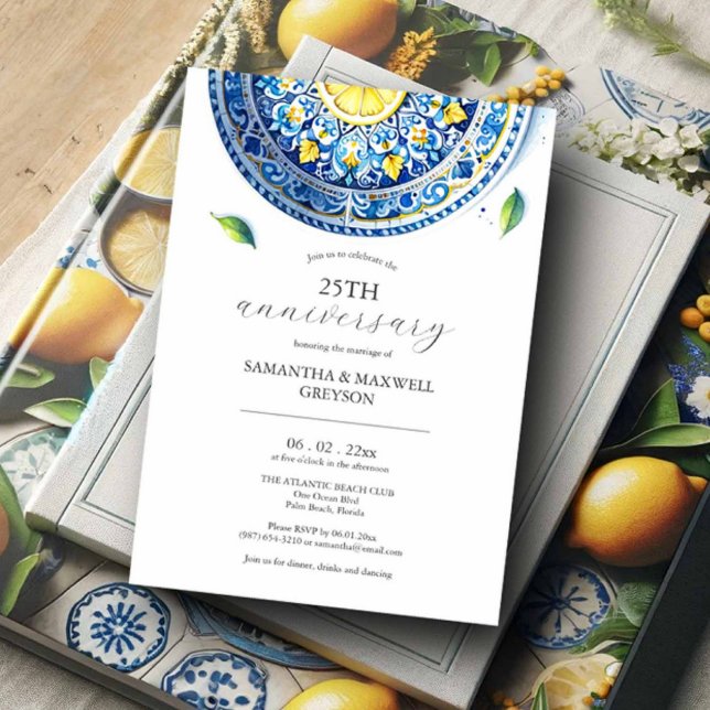 Invitations du 25e anniversaire du Mariage Lemons (25th wedding anniversary invitations blue and yellow lemon theme with plate Victoria Grigaliunas )