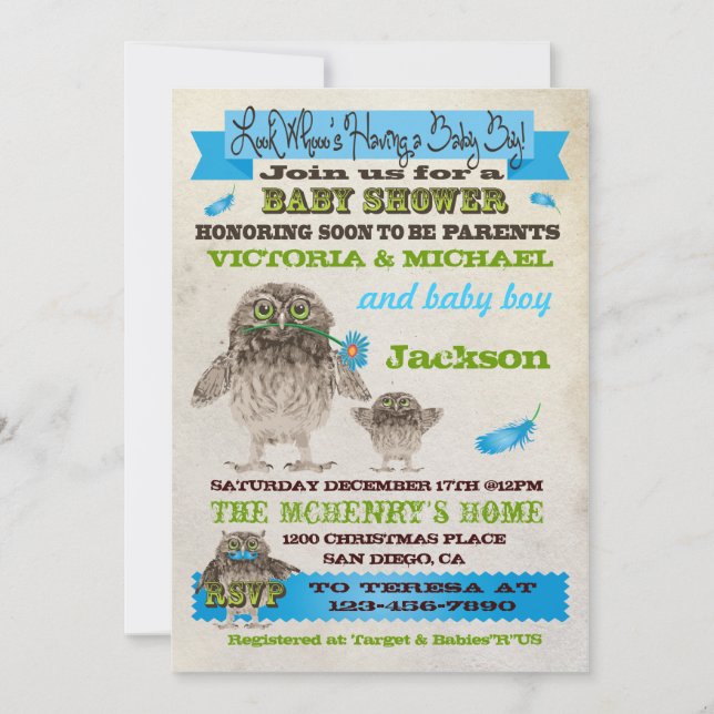 Invitations du Baby shower de fête de la Chouette (Devant)