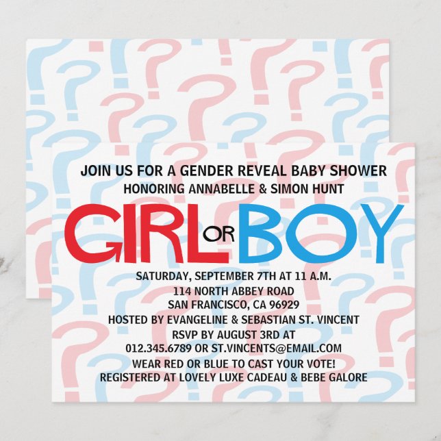Invitations du Baby shower de révélation de genre  (Devant / Derrière)