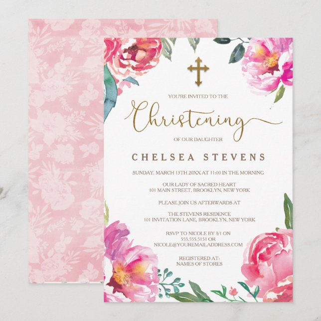 Invitations du baptême | Pies roses (Devant / Derrière)