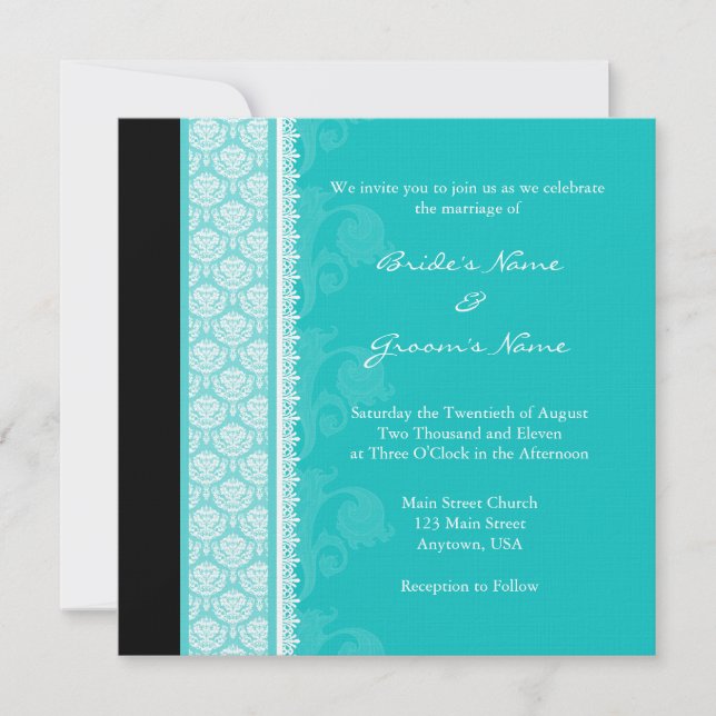 Invitations du carré Turquoise Mariage damassé (Devant)