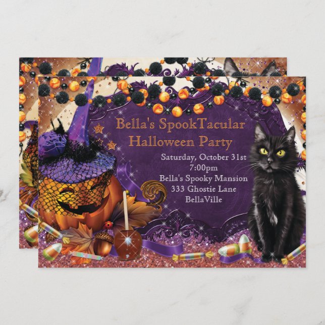 Invitations du citrouille Cat Halloween Party (Devant / Derrière)