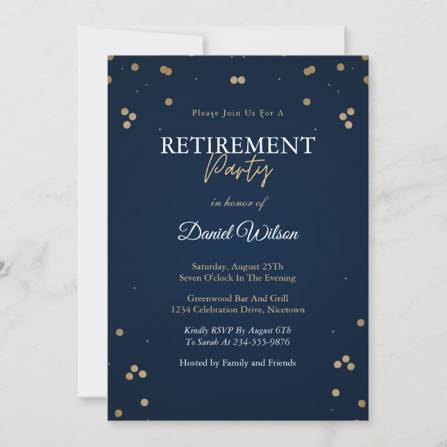 Invitations Du Parti De Retraite Blue Navy Et Gold (Devant)