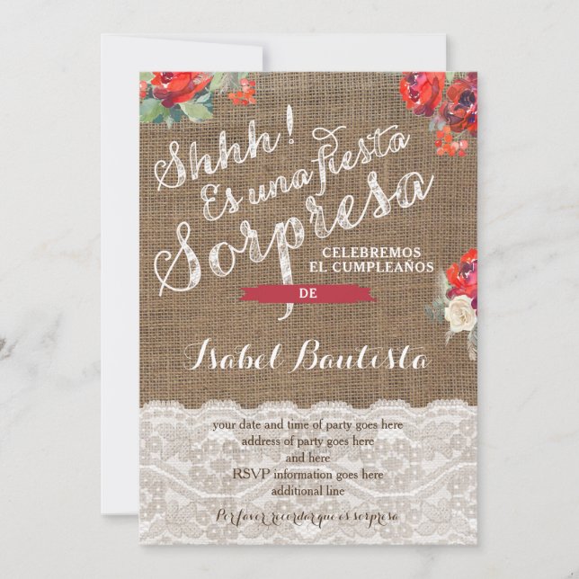 Invitations du Red Floral Surprise Party en espagn (Devant)