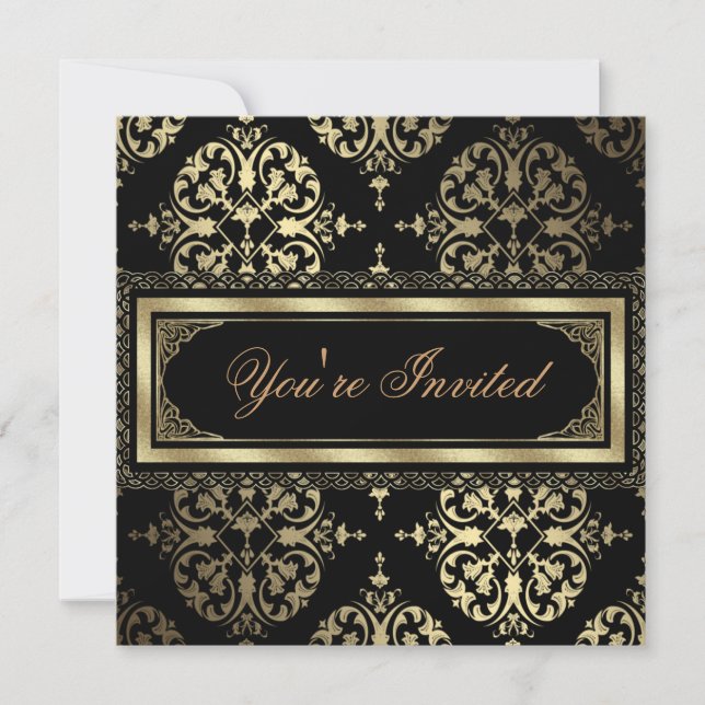 Invitations Elegant Gold Black Damask Party (Devant)