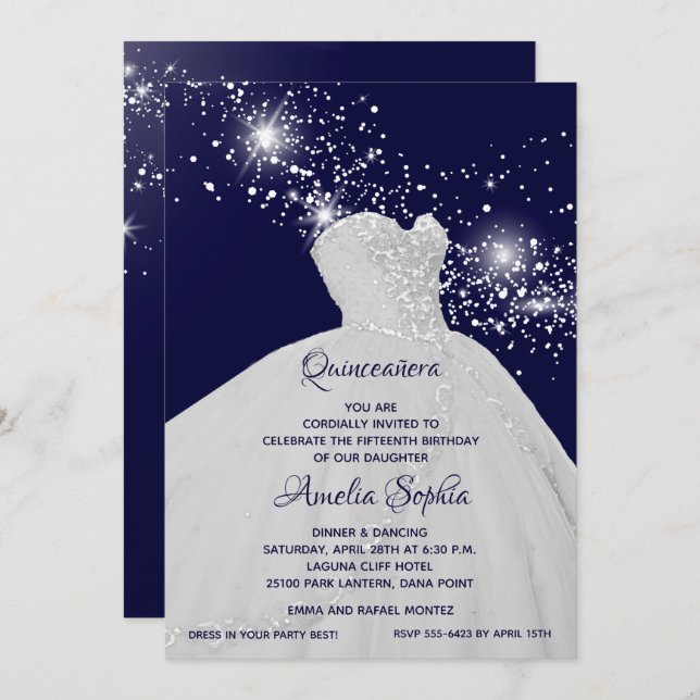 Invitations Elegant White Gown Quinceañera (Devant / Derrière)