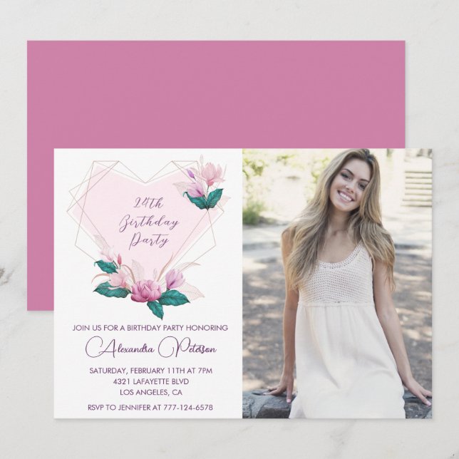 Invitations élégantes à 24e anniversaire Floral Ph (Devant / Derrière)