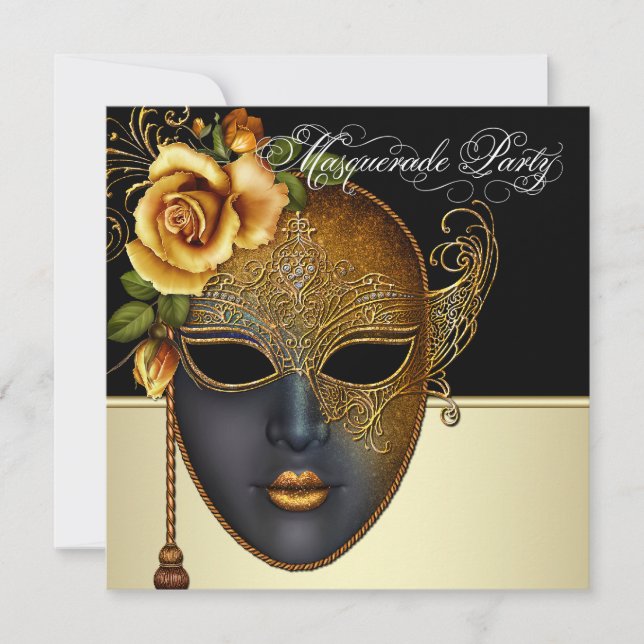 Invitations élégantes Black Gold Masquerade Party (Devant)