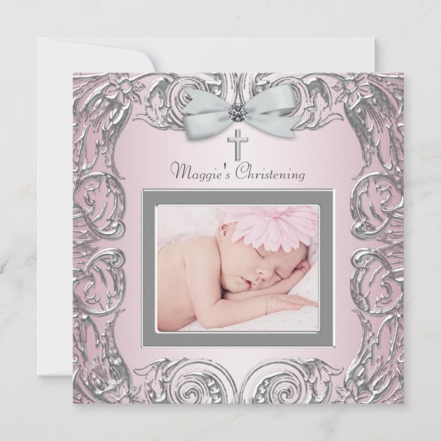 Invitations élégantes de Christening rose et gris (Devant)
