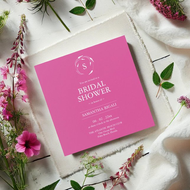 Invitations élégantes de douche nuptiale en rose (elegant bridal shower invitations in vibrant pink with a line art image of florals and monogram)