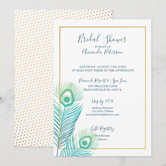 Invitations Élégantes de douche nuptiale Peacock o (Devant / Derrière)