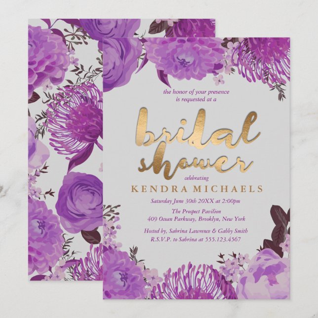 Invitations Élégantes de douche nuptiale violet (Devant / Derrière)