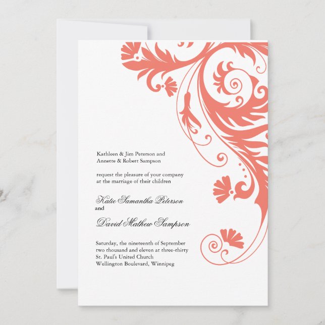 Invitations Élégantes de mariage de corail (Devant)