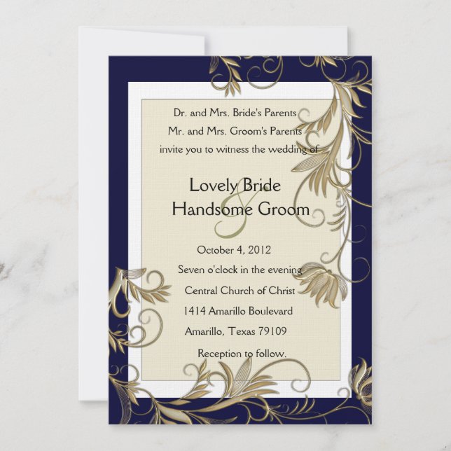Invitations élégantes de mariage de marine et d'or (Devant)