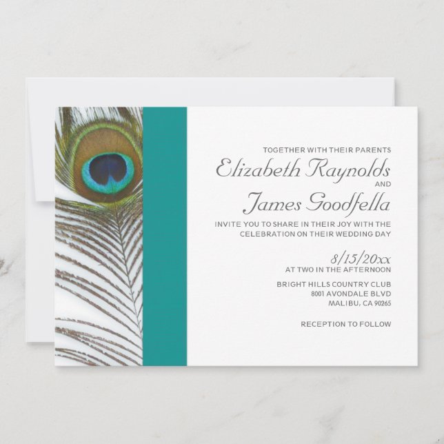 Invitations élégantes de mariage de plume de paon (Devant)