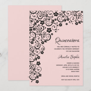 Invitations élégantes Quinceañera noir et rose