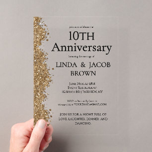 Invitations En Acrylique 10e Anniversaire de Mariage Or Faux Paillettes