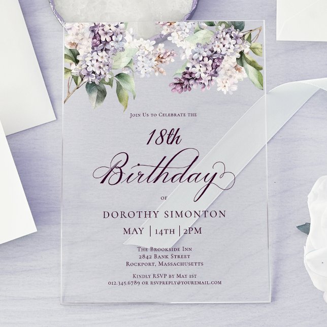 Invitations En Acrylique 18e anniversaire Purple Spring Fleur Lilac (Créateur téléchargé)