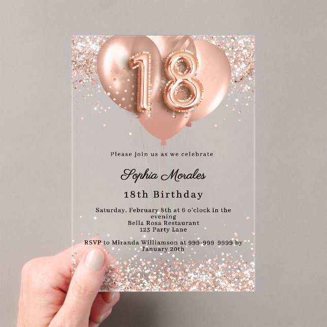 Invitations En Acrylique 18th birthday rose gold luxury balloons clear (In situ (ordinateur de poche))