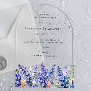 Invitations En Acrylique 19e anniversaire Bleu Larkspur Juillet Arc de fleu