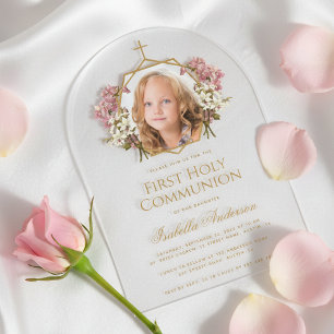 Invitations En Acrylique 1ère communion Fille d'or Photo Florale Rose Éléga