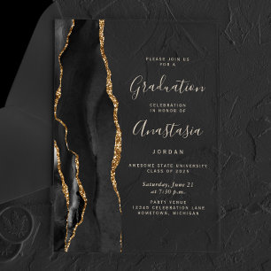 Invitations En Acrylique 2025 Black Gold Agate Gold Texte Graduation