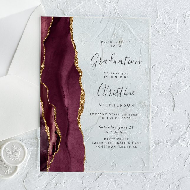 Invitations En Acrylique 2025 Burgundy Gold Agate Gris Texte Graduation (Créateur téléchargé)