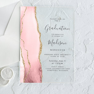 Invitations En Acrylique 2026 Rose Pâle Or Agate Gris Texte Remise des dipl
