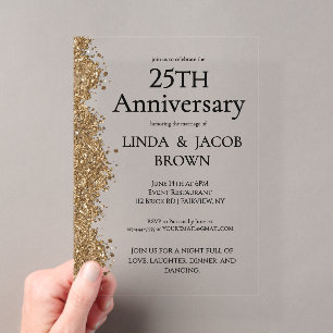 Invitations En Acrylique 25e Anniversaire de Mariage Or Faux Paillettes