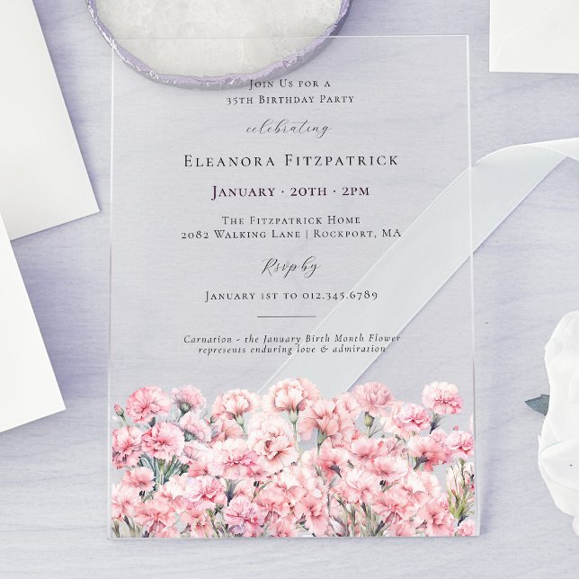 Invitations En Acrylique 35th Birthday Pink Carnation January Birth Flower (Créateur téléchargé)