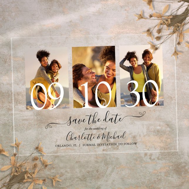 Invitations En Acrylique 3 Photo Signature Script Mariage Enregistrer La Da (3 Photo Signature Script Wedding Save The Date Acrylic Invitations)