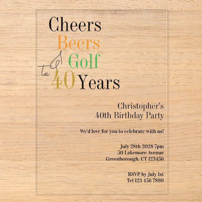 Invitations En Acrylique 40e Anniversaire Golf Cheers Bières Mini Fête (Recto)