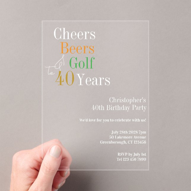 Invitations En Acrylique 40e anniversaire Golf Cheers Bières Party (In situ (ordinateur de poche))