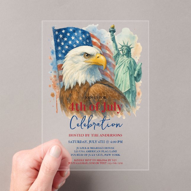 Invitations En Acrylique 4 juillet aquarelle Fête patriotique de l'aigle (In situ (ordinateur de poche))