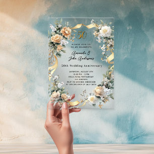 Invitations En Acrylique 50e anniversaire mariage or jaune florale clair