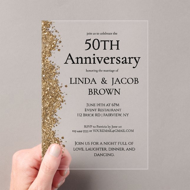 Invitations En Acrylique 50th Wedding Anniversary Gold Faux Glitter  (In situ (ordinateur de poche))